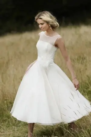 ivory organza tea length informal bridal wedding dress