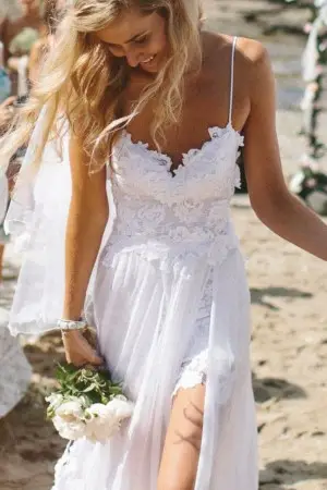 white lace and chiffon sexy slit beach wedding dress