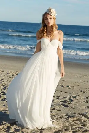 off the shoulder pleated tulle casual beach bridal dress