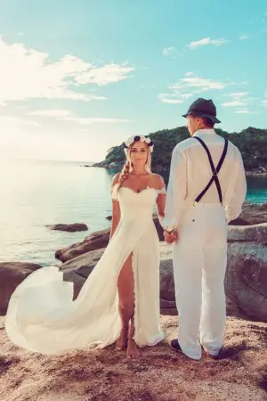 scalloped lace and chiffon slit beach wedding dress