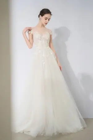 floral lace illusion neck cap sleeve tulle wedding dress