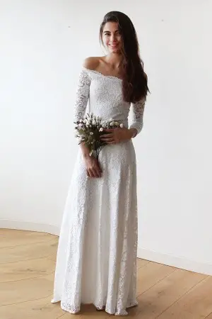 off the shoulder long sleeve casual lace bridal dress