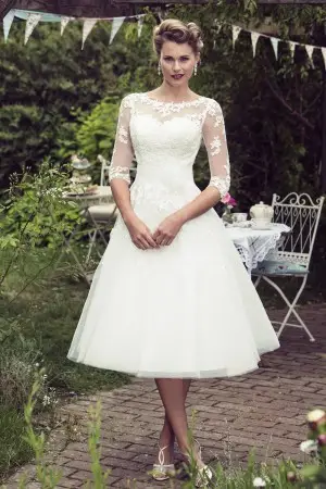 retro style illusion neck tea length lace bridal dress