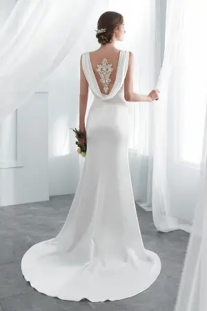elegant lace back mermaid satin spring wedding dress