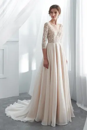 modern v neck 34 sleeve champagne lace wedding dress