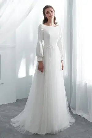 boat neck bubble sleeve satin and tulle wedding dress
