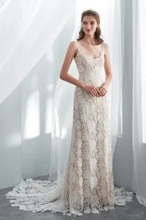 boho style lace champagne scoop neck long wedding dress