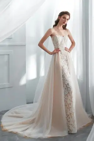 modern champagne wedding gown with a detachable overskirt