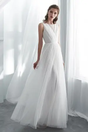 pleated tulle beaded neck chic a line wedding dress