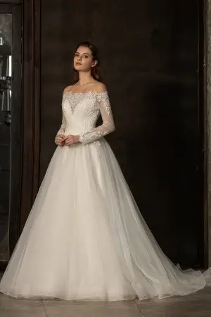 unique beaded lace soft tulle off shoulder bridal gown