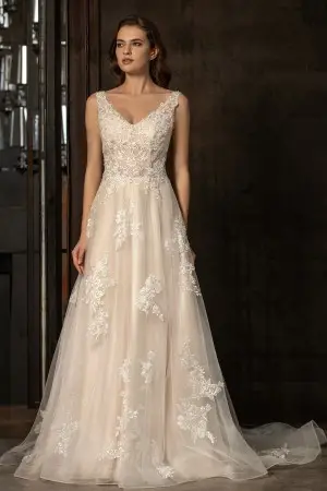 modern champagne satin with lace overlay wedding gown