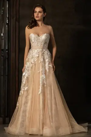 dark nude color strapless lace and tulle wedding dress