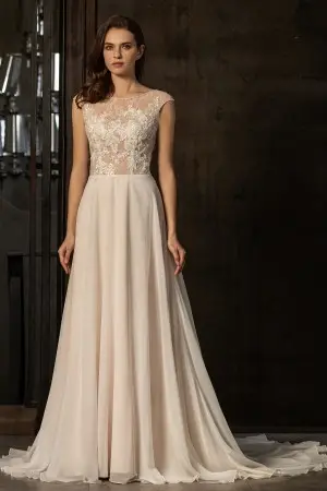 illusion pink nude beaded lace and chiffon bridal gown