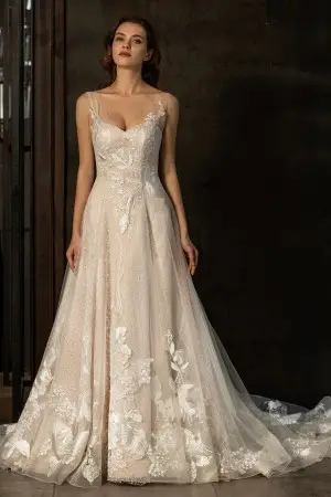 floral lace shiny sequin underneath pink nude bridal gown