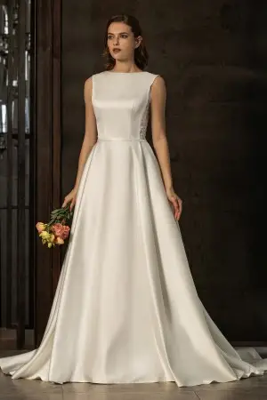 glossy ivory satin bateau neck elegant bridal gown