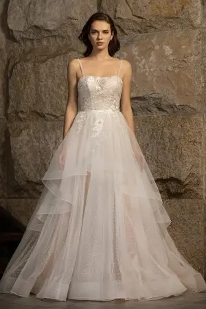 chic flounced pink nude designer ball gown wedding dress