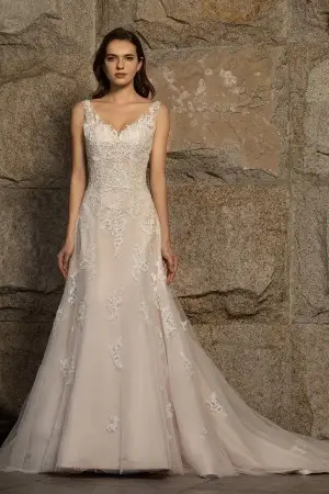 pink nude satin mermaid bridal gown with lace overlay