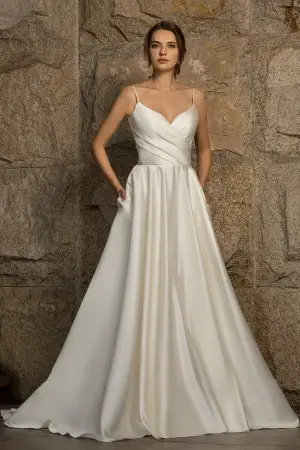 modern and simple ivory satin bridal gown with pockets