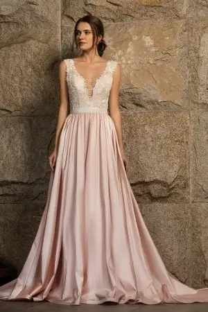 stunning pearled lace pink taffeta a line wedding dress