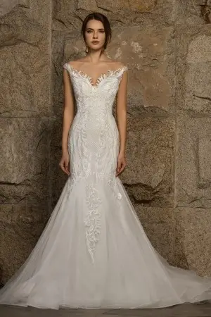 elegant and vintage off the shoulder mermaid wedding gown