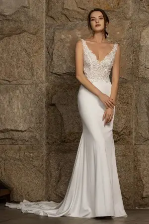 chic beaded lace and soft satin mermaid fall wedding gown
