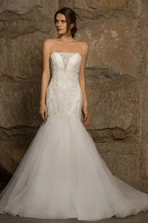 modern beaded geometric lace tulle trumpet bridal gown