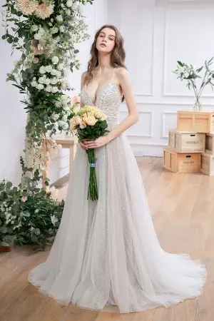 oyster star lace and tulle spring boho wedding dress