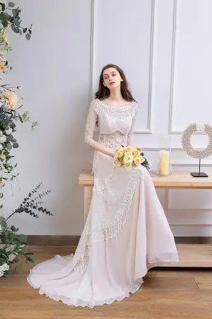 bohemian tassels pearl pink lace chiffon bridal dress