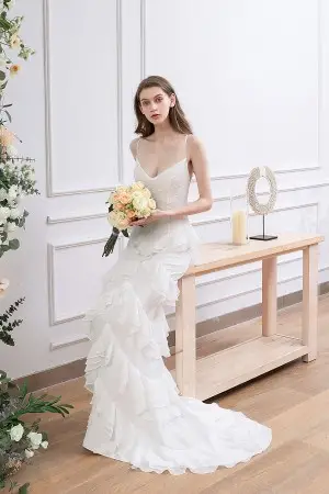ruffled chiffon details unique lace sheath wedding dress