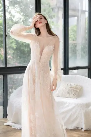 bishop sleeve beaded plunging neck nude pink bridal dress