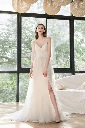 sexy pleated tulle embossed lace slit beach wedding dress