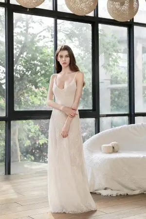 illusion nude stretch lace v neck sheath bridal gown