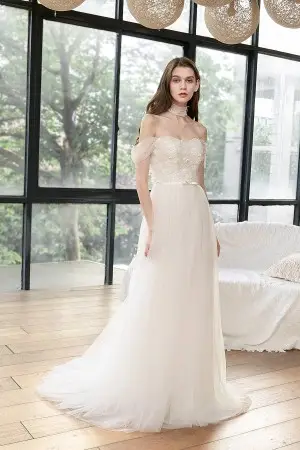 off the shoulder floral lace tulle spring wedding dress