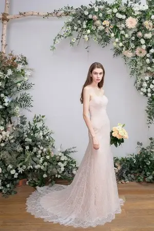 feminine tulle overskirt pearl pink lace wedding dress