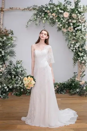 grecian one shoulder lace and chiffon spring bridal dress