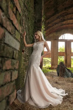 grid pattern sequin lace modern nude mermaid bridal dress
