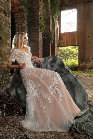 shimmering beaded lace nude pink sheath wedding dress