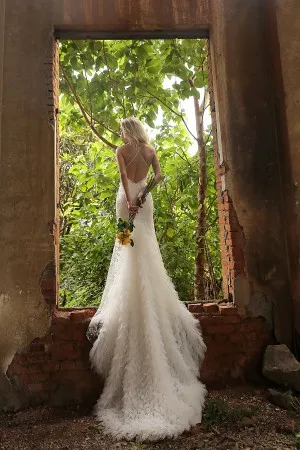 tiny flower embroidery lace and ruffled tulle bridal gown