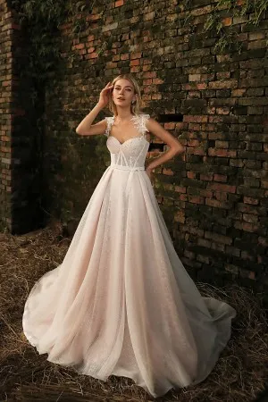 beaded lace straps nude pink corset netting wedding dress
