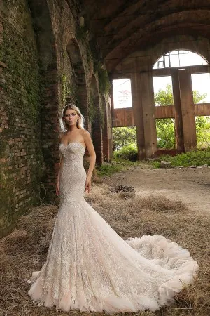 eyelash trims luxury beaded lace mermaid nude bridal gown