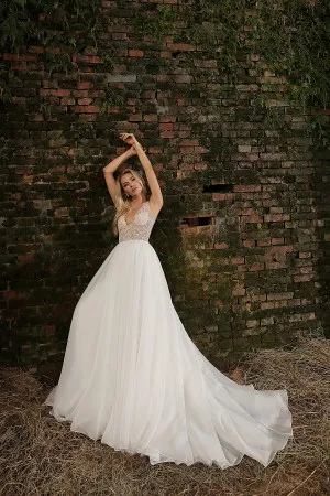 illusion beaded lace ivory organza luxury wedding gown