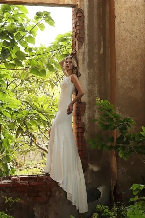 beaded lace split satin mermaid summer wedding dress