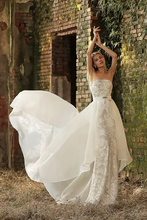 intricate beaded sheath bridal gown organza overskirt