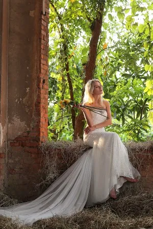 strapless beaded lace and satin luxury fall wedding dress