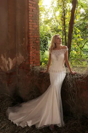 elegant off the shoulder beaded stripe lace bridal gown