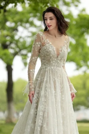 flowers leafs and butterfly lace spring beige bridal gown