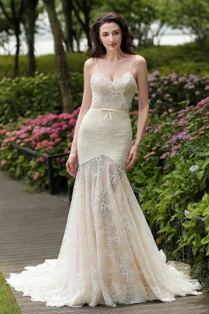 floral lace with polka dot nude mesh mermaid wedding gown