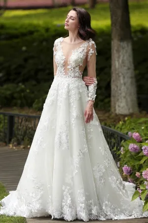 luxury yet sexy sheer 3d flower lace wedding dress