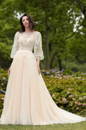 vivid 3d butterfly bishop sleeve nude tulle wedding dress