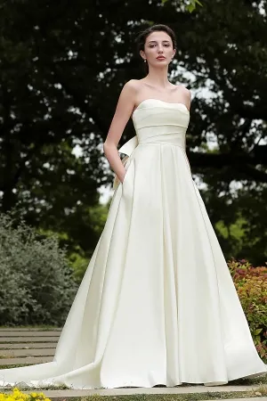 ivory ruched satin strapless a line simple wedding dress